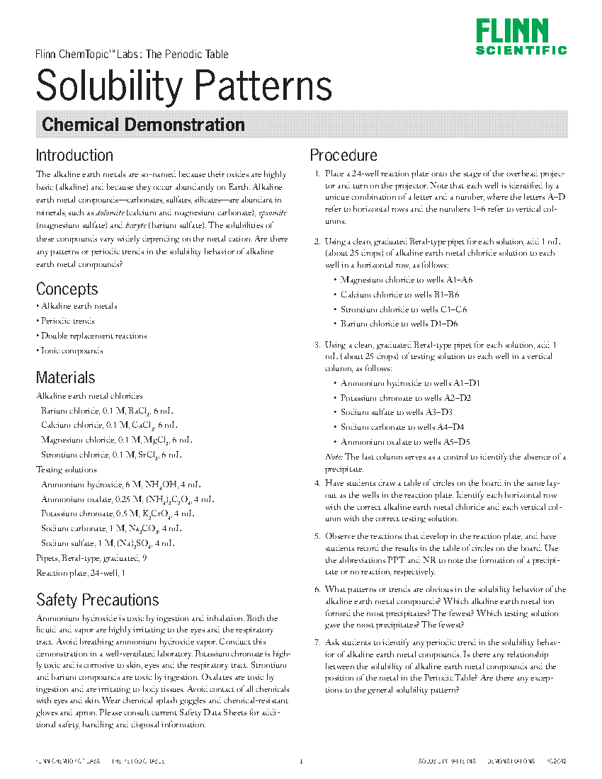 Solubility Patterns Chemical Demonstrationchemtopic Lab Activity